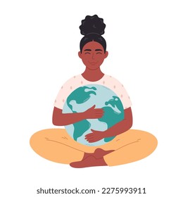 Black woman hugging Earth globe. Earth Day, saving planet, nature protect, ecological awareness. Hand drawn vector illustration