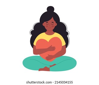 Black Woman Hugging Heart. Self Love, Positive Emotion, Mental Health, Freedom, Happiness, Mental Wellbeing. Hand Drawn Vector Illustration