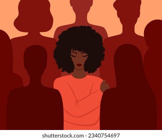 A black woman hugging herself among the silhouettes of people. Loneliness in a crowd. Vector illustration in flat style