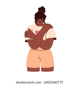 Mujer negra abrazándose. Amor propio, cuidado, apoyo y respeto, concepto de psicología. Carácter joven abrazando su cuerpo con manos, brazos. Ilustración vectorial plana aislada en fondo blanco