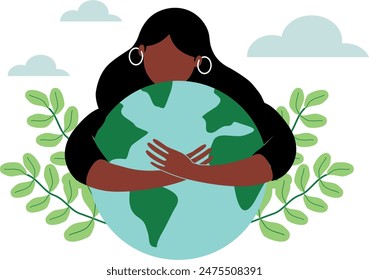 Mujer negra abraza al planeta Tierra con amor y cuidado. Guardar Día de la Tierra Ilustración vectorial plana.