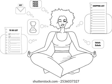 Mujer negra Ilustración Meditación Concentración Pensamientos Carga mental Listas para hacer líneas Vector