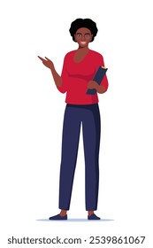 Black woman introduce, show and present something. Business speaker standing with clipboard and pointing direction, gesturing with arm. Female presenter. Vector illustration