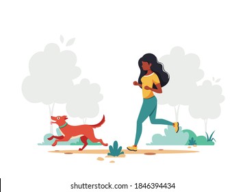 Black woman jogging with dog. Outdoor activity. Vector illustration.