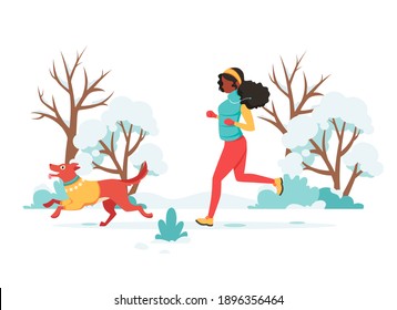 Black woman jogging with dog in winter. Outdoor activity. Vector illustration