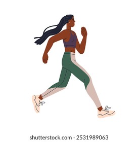 Schwarze Frau joggen. Sportlerin in Sportbekleidung, trainierend. Ausdauertraining, Cardio-Training. Aktive gesunde Läufer, Jogger laufen. Flache Vektorgrafik einzeln auf weißem Hintergrund