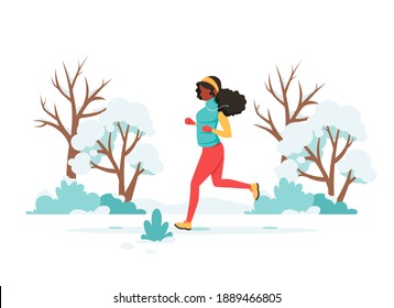 Black Woman Jogging In The Park. Winter Outdoor Activity. Vector Illustration