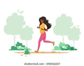 Black woman jogging in spring park. Healthy lifestyle, sport, outdoor activity concept. Vector illustration.