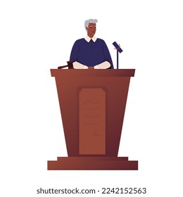 Black woman judge at the tribune in court. Female character judge reading a sentence. Legal system, concept. Flat vector illustration.