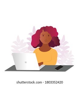 Black woman with laptop. Woman working remotely. Vector illustration