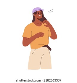 Mujer negra riendo fuerte. Feliz y alegre joven divirtiéndose, sonriendo con los dientes. Risas expresivas emotivas positivas de la muchacha alegre. Ilustración vectorial plana aislada en fondo blanco