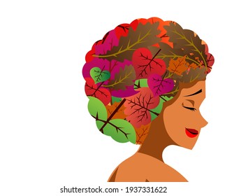 Black woman with leafy hair in autumn. Leaves in the autumn. Art of woman. Vector illustration. EPS 10