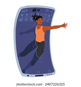 Black Woman Leans Out Of A Mobile Phone Screen, Attempting To Re-enter Reality. Her Eyes Reflect The Digital Glow As She Yearns To Break Free From The Virtual World. Cartoon People Vector Illustration