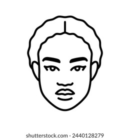 Mujer negra, icono de línea. Etnia afroamericana. Retrato de mujer joven. Cara femenina, vista frontal. Estilo minimalista, ilustración lineal, trazos editables