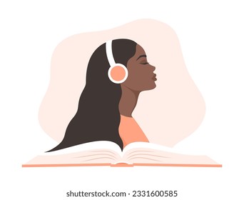 Black woman listening to an audiobook. Side portrait of a young african or african american woman in headphones over an open book. Flat vector illustration