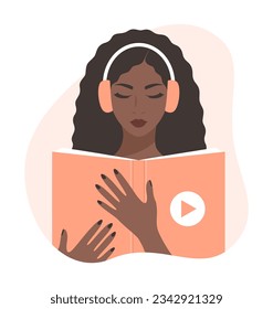 Black woman listening to an audiobook. A young african or afro american woman in headphones holding an open book. Flat vector illustration