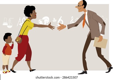 Black woman with a little boy meeting a teacher, vector cartoon, no transparencies, EPS 8