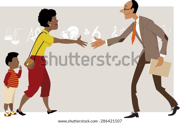 Black woman with a little boy\
meeting a teacher, vector cartoon, no transparencies, EPS\
8