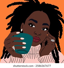 Black woman with long afro hair is holding a cup in her hand. The cup is blue and the woman is wearing a pink sweater. The image has a warm and cozy feeling