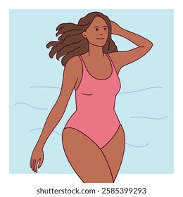 A Black woman with long curly brown hair happily walks along the beach in a pink swimsuit. The background is blue with a white border.