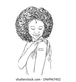 Black woman looking her arm after receiving vaccine during covid-19 immunization program, Vector sketch, Afro female with plaster on shoulder, Hand drawn graphics, Vaccinated people illustration