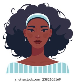 A black woman with a lush curly hairstyle with earrings in a dress. Portrait cartoon avatar.