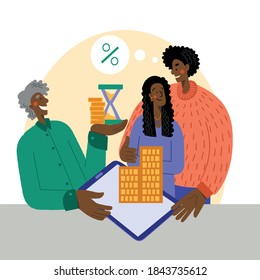 Black Woman And Man Buy An Apartment With A Mortgage. The Family Buys A House With A Mortgage. A Young Couple Chooses A Home. House Loan, Rent And Mortgage Concept.