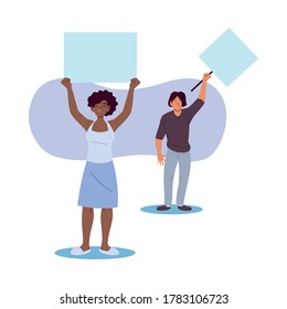 black woman and man cartoons holding banners boards design, Manifestation protest and demonstration theme Vector illustration