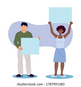 black woman and man cartoons holding banners boards design, Manifestation protest and demonstration theme Vector illustration