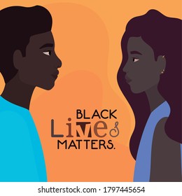 Black woman and man cartoons in side view with black lives matters text design of Protest justice and racism theme Vector illustration