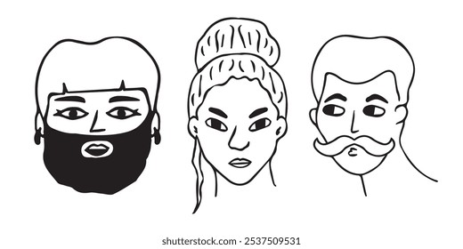 Mulher negra, um homem de barba e um homem de bigode. Contorno mão desenhado pessoas cabeças. Conjunto vetorial de ilustrações sobre fundo branco para avatares