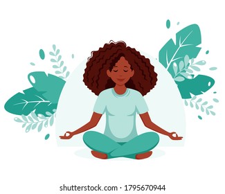 Black woman meditating. Healthy lifestyle, yoga, meditation, relax, recreation. Vector illustration.