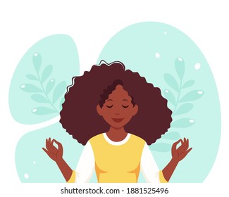 Black woman meditating. Healthy lifestyle, yoga, meditation, relax, recreation. Vector illustration.