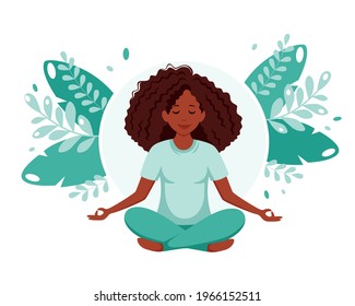 Black woman meditating in lotus pose. Healthy lifestyle, yoga, meditation, recreation concept. Vector illustration