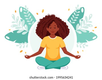 Mujer afroamericana meditando en la posada del loto. Estilo de vida saludable, yoga, bienestar, relajación. Ilustración del vector