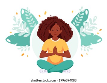 Black woman meditating in lotus pose. Healthy lifestyle, yoga, wellbeing, relax. Vector illustration