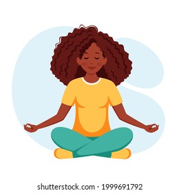 Black woman meditating in lotus pose. Healthy lifestyle, yoga, wellbeing, relax. Vector illustration