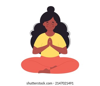 Black woman meditating in lotus pose. Healthy lifestyle, yoga, relax, breathing exercise. World yoga day. Hand drawn vector illustration