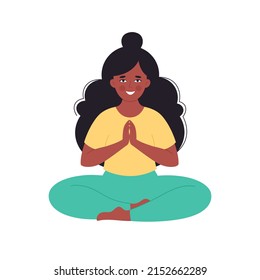 Black woman meditating in lotus pose. Healthy lifestyle, yoga, relax, breathing exercise. World yoga day. Hand drawn vector illustration