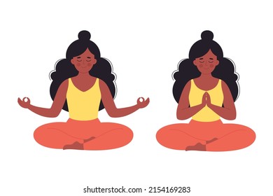 Black woman meditating in lotus pose. Healthy lifestyle, yoga, relax, breathing exercise. World yoga day. Hand drawn vector illustration