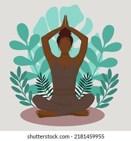 Black woman meditating in nature and leaves. Concept illustration for yoga, meditation, relax, recreation, healthy lifestyle. Vector illustration 