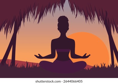 Black woman meditating in nature at sunset on a wellness retreat during summer vacation. Deep, easy breathing with mindfulness of an African American person finding inner peace through yoga on holiday