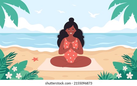 Black woman meditating on beach. Hello summer, summer leisure, vacation. Healthy lifestyle, self care, yoga, meditation. Hand drawn vector illustration