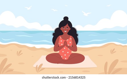 Black woman meditating on beach. Hello summer, summer leisure, vacation. Healthy lifestyle, self care, yoga, meditation. Hand drawn vector illustration