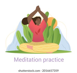 Black woman meditating outdoors in nature in the lotus pose with summer sunshine and tropical plants in healthy lifestyle concept, vector flat cartoon vector illustration isolated on white background
