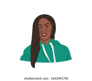 Black woman, modern, trendy style. Real woman portrait avatar - hand drawn. African American Girl portrait with long hair, woman character. Vector concept of girl face for avatar, icon.