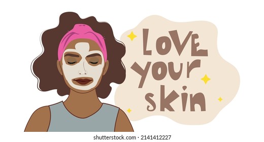 black woman with moisturizing mask on her face, skin care routine, woman moisturizing her face.