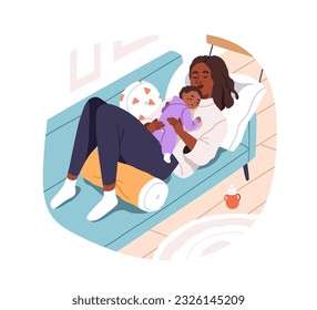 Madre negra durmiendo con un bebé recién nacido. Mamá afroamericana mintiendo, soñando, abrazando a un niño pequeño lindo, un niño en casa. Ilustración vectorial gráfica plana aislada en fondo blanco