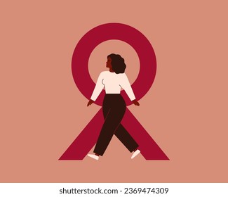 Black Woman near big pink ribbon as Breast cancer awareness symbol. Poster of support and solidarity with females fighting oncological diseases. Aids and HIV concept with red ribbon and Strong Girl.