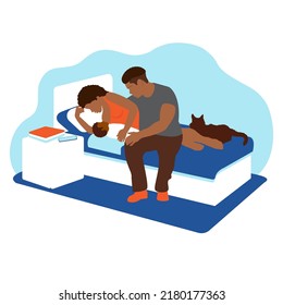 Black Woman With Newborn Baby And Husband. At Home With Child. The First Days Of The Postpartum Period. Lying Breastfeeding Position. Couple Love And Care. Vector Illustration African American Family 